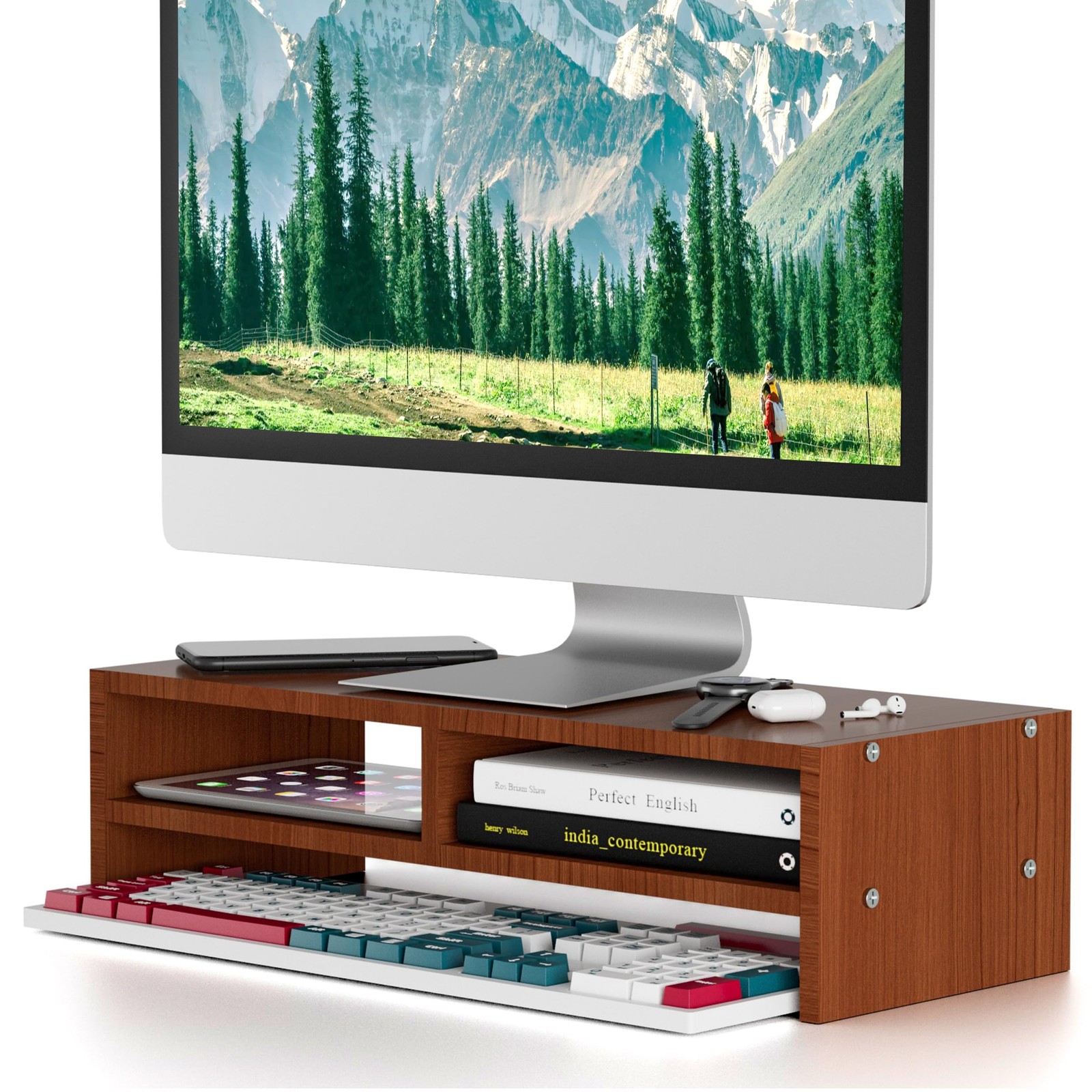 Qecamy Wood Monitor Stand Riser with Storage Walnut Brown