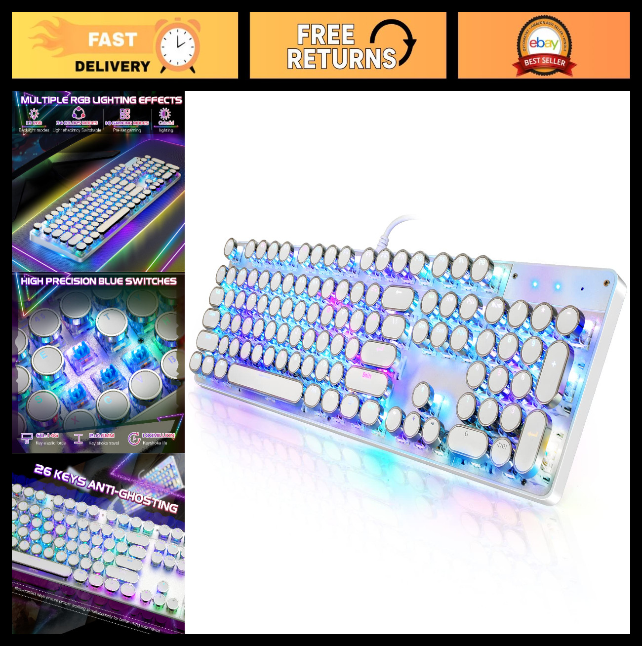 Retro Round Keycap Mechanical Gaming Keyboard, RGB Backlit, Wired, Blue Switch,