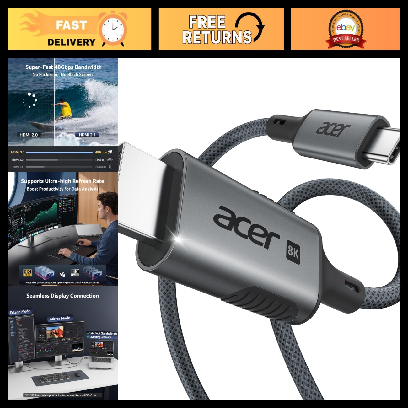 USB C to HDMI 2.1 Cable 6.6FT - 8K@60Hz & 4K@240Hz, High-Speed Unidirectional