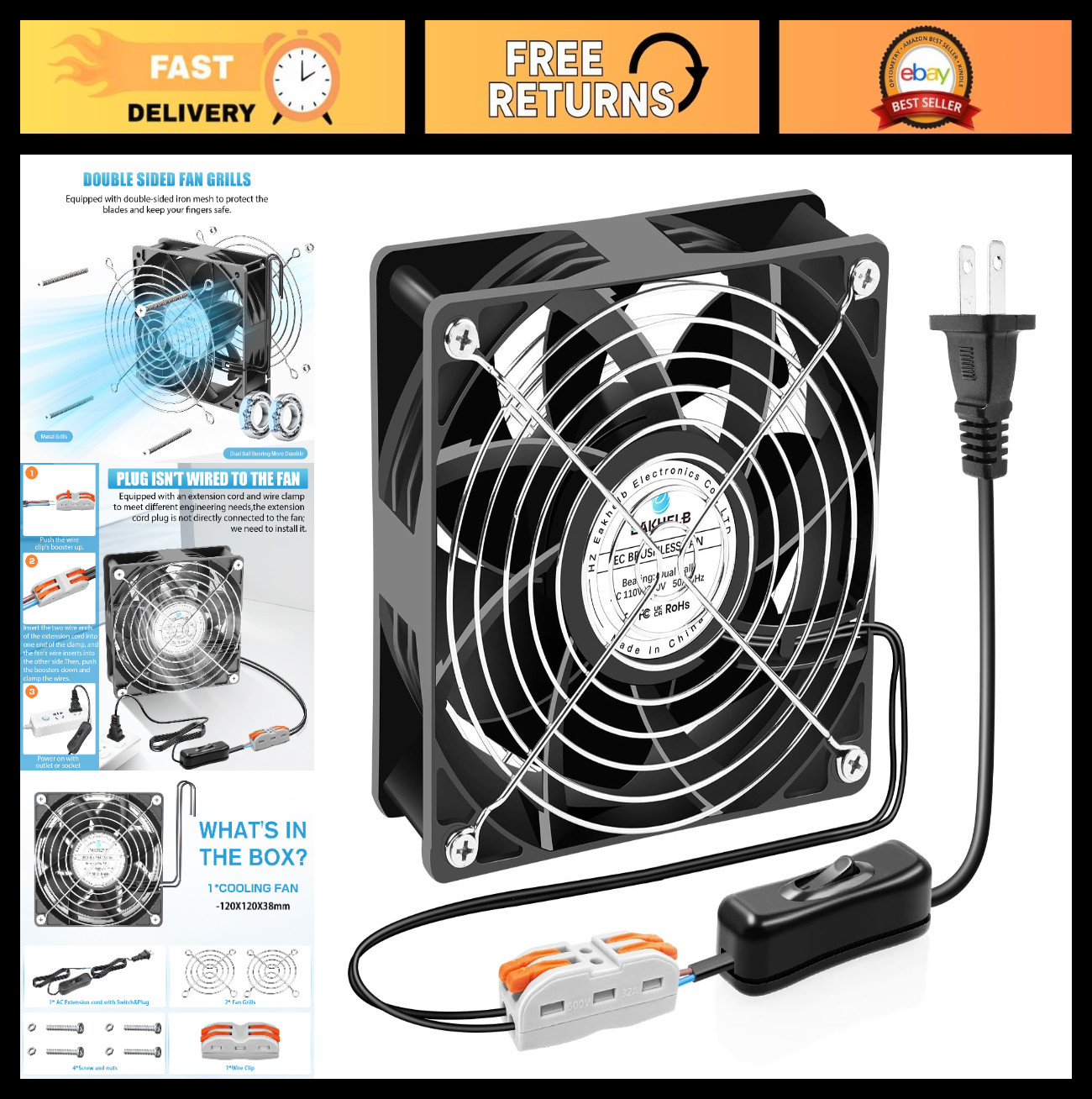 120mm Industrial Case Fan - 120x120x38mm Dual Ball Bearing AC Cooling Fan, 110V-