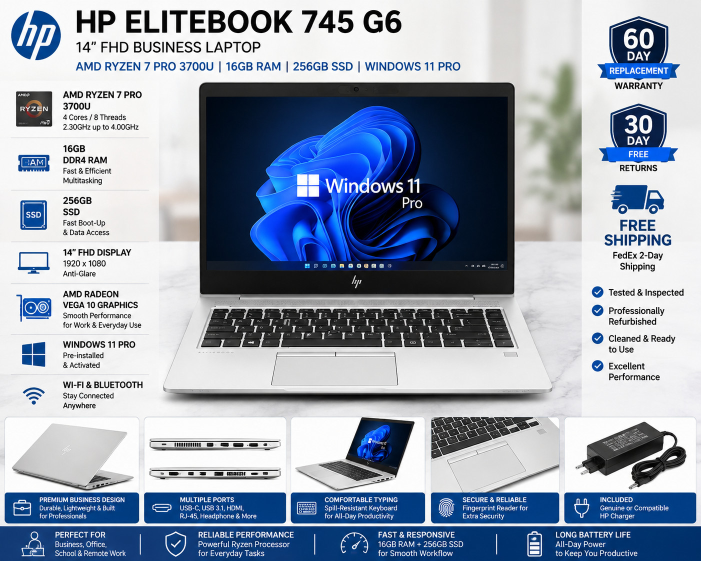 HP EliteBook 745 G6 14" FHD Ryzen 7 PRO 3700U 16GB 256GB SSD Win11 Pro