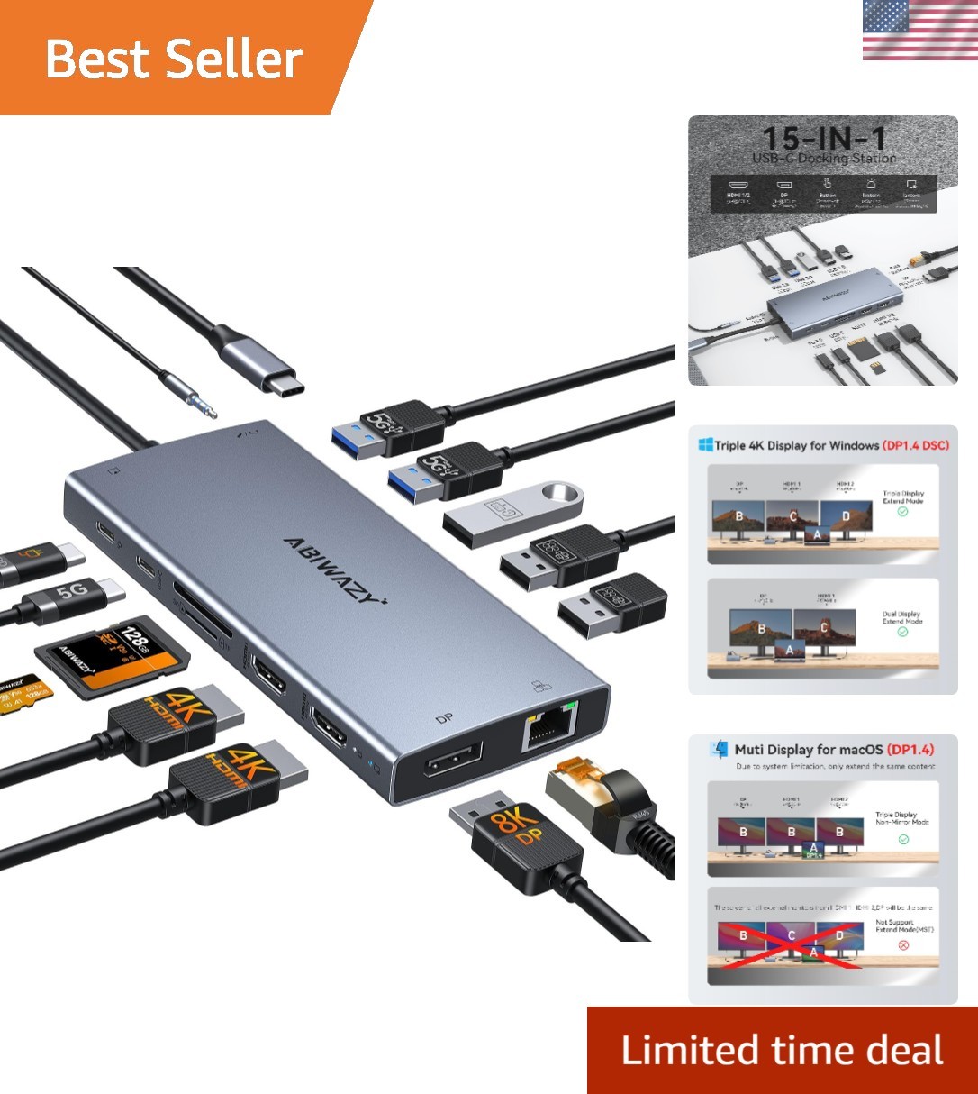 Compact 15-in-1 USB C Dock with Dual HDMI & Screen Switch for High Performance