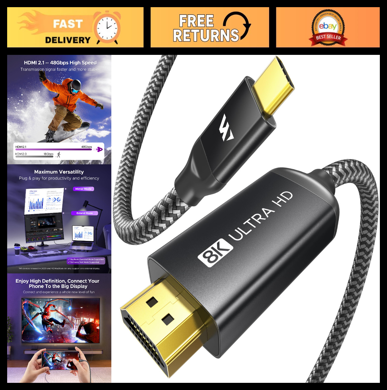 USB C to HDMI 2.1 Cable 8K 60Hz, Gold-Plated, 4K 240Hz, 48Gbps, Type C, 6FT