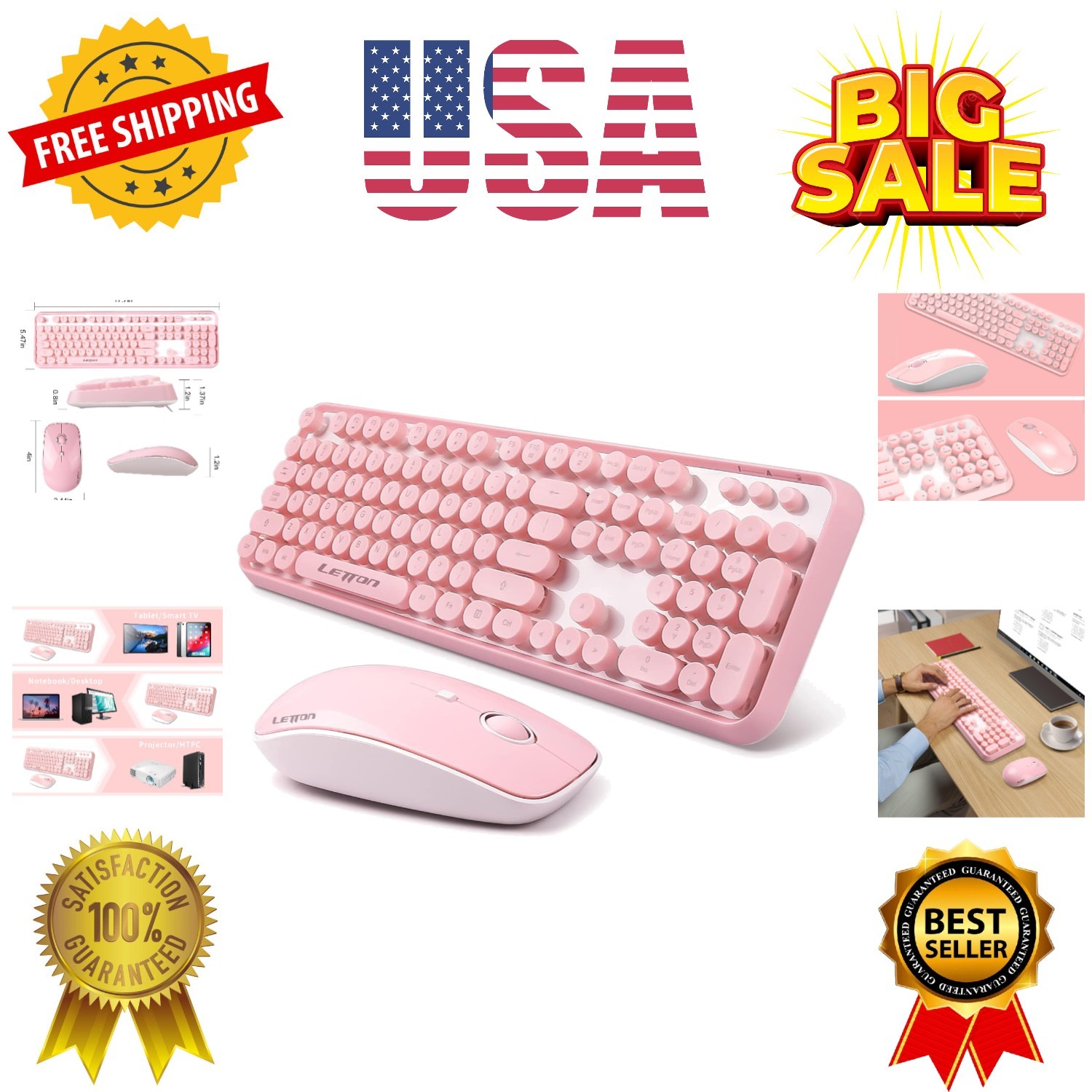 Pink Wireless Keyboard and Mouse Combo, Retro Typewriter Style Cute Bubble Ke...