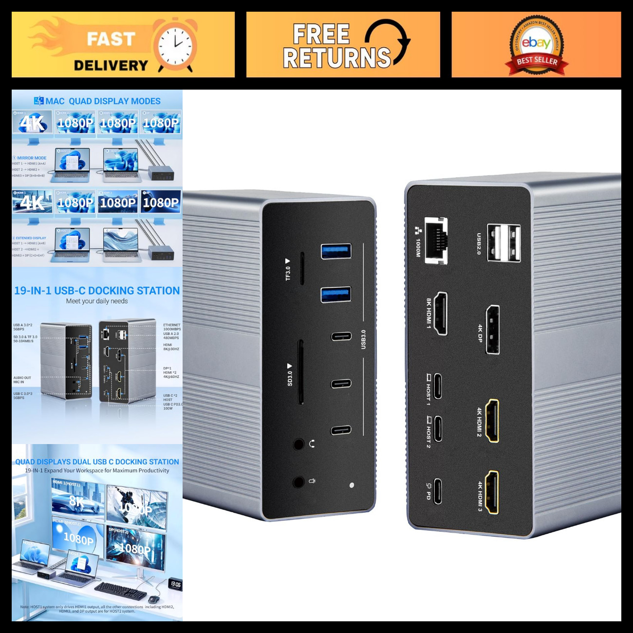 19-in-1 USB-C Docking Station, Dual Host Laptop Dock, Quad Display, 8K & Dual 4K