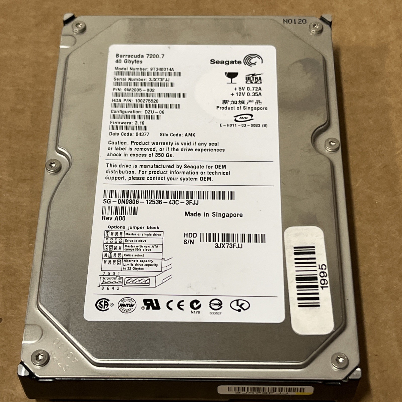 Seagate Barracuda 7200.7 40GB 3.5” ST340014A HDD 9W2005-032 FW: 3.16 100282772
