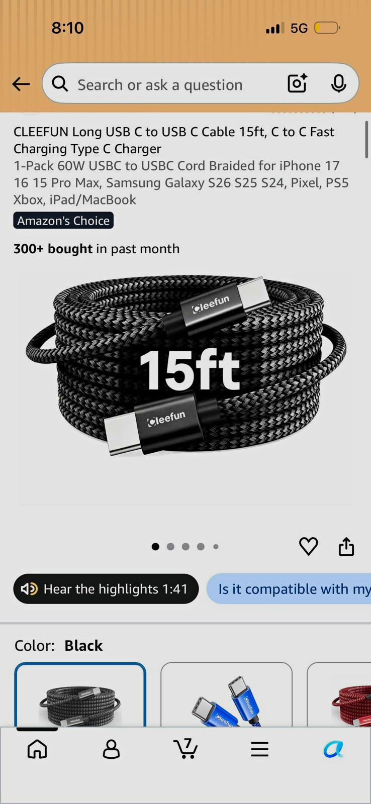 CLEEFUN 15ft USB-C to USB-C Braided Fast Charge Cable 60W PD Black (4-Pack)