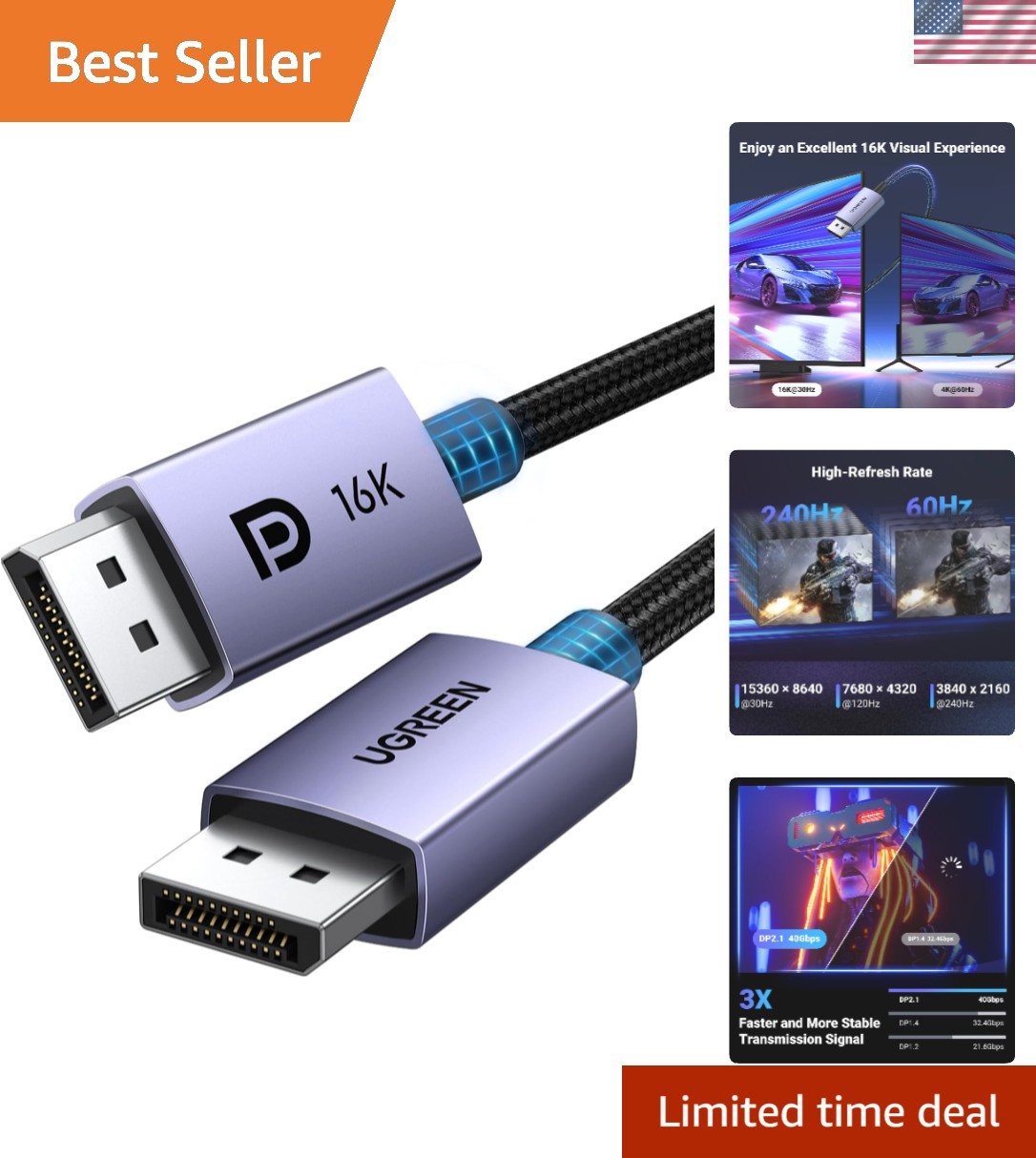 10FT DisplayPort 2.1 Cable - 54Gbps, Superior Quality for Gamers & Monitors