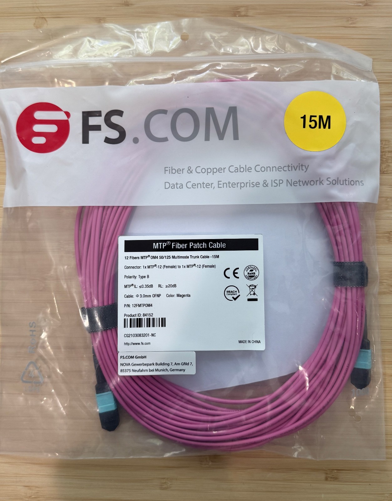 FS 15M MTP-12 Female - MTP-12 Female OM4 Multimode Trunk Cable 12 Fibers