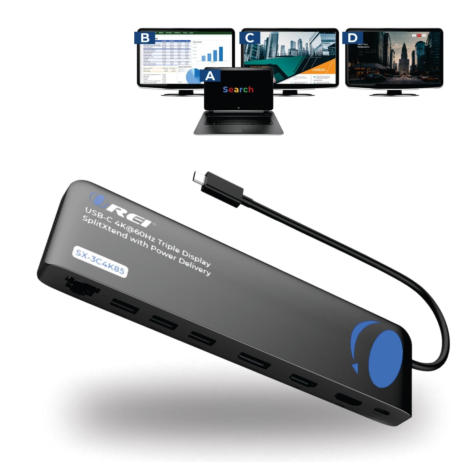 OREI USB C Docking Station Triple Monitor, SplitXtend 12-in-1 Laptop Dock