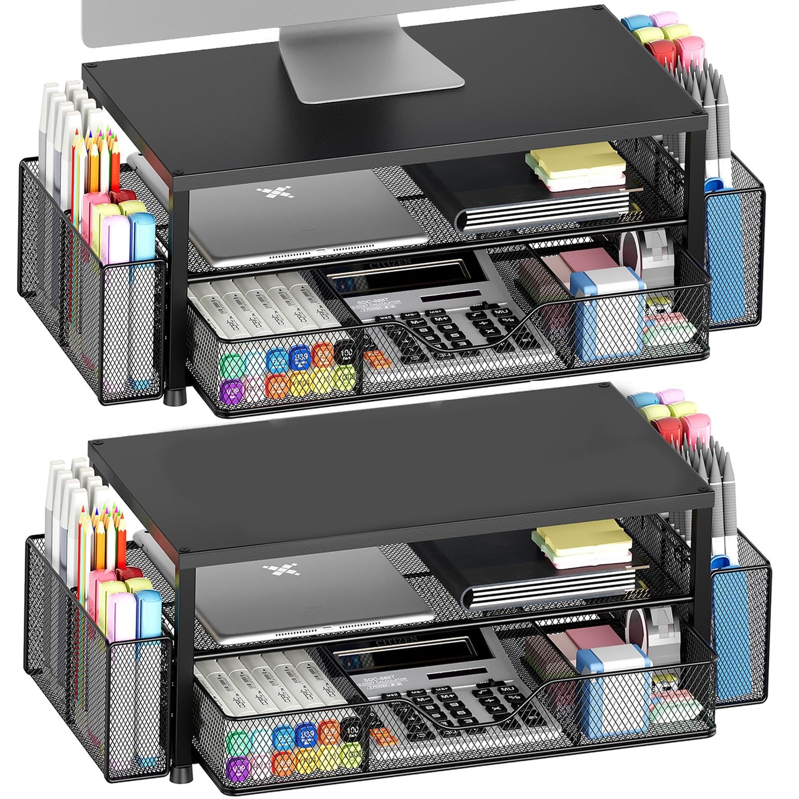 Black 2-Tier Metal Monitor Stand Desk Organizer Drawer 2 Pen Holders 2-Pack