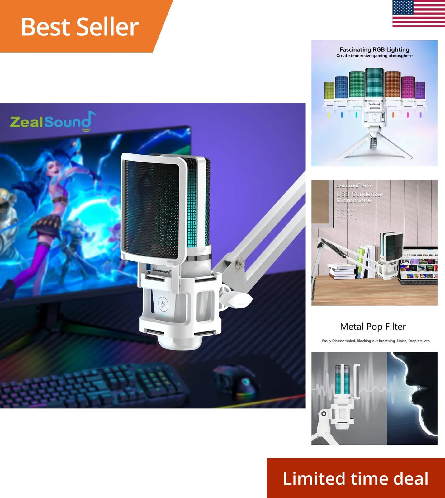 Zealsound RGB USB Gaming Microphone With Articulated Arm White Computer