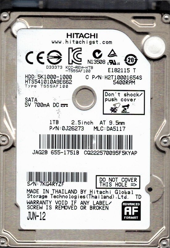 Hitachi HTS541010A9E662 P/N: 0J26273 MLC: DA5117 Thailand 1TB