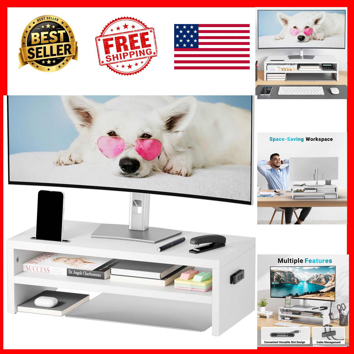 Monitor Stand Riser 2-Tier Desktop Organizer 21.3 Inch MDF Wood White Finish