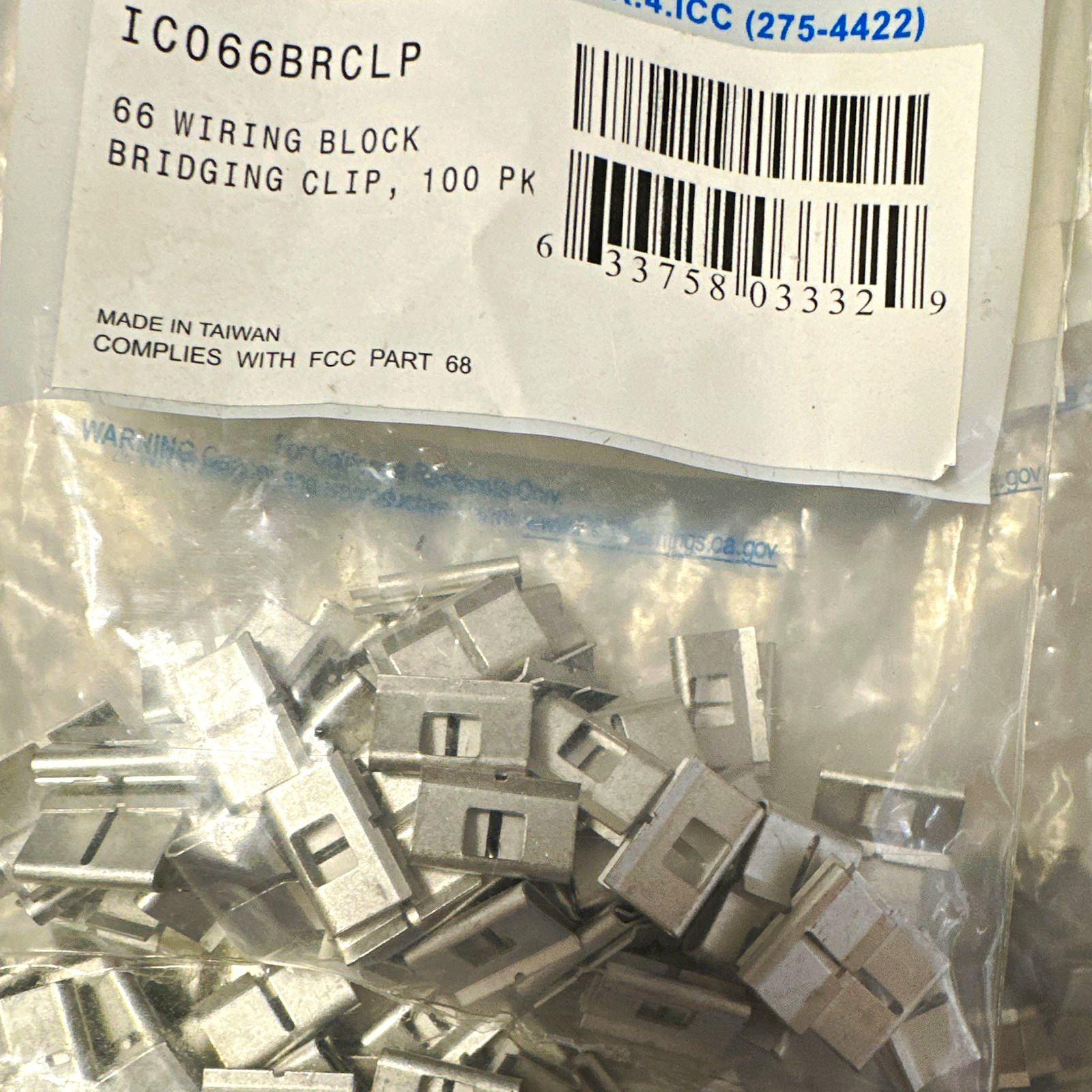 ICC IC066BRCLP Bridging Clip For 66 Wiring Block Silver 100 Pack