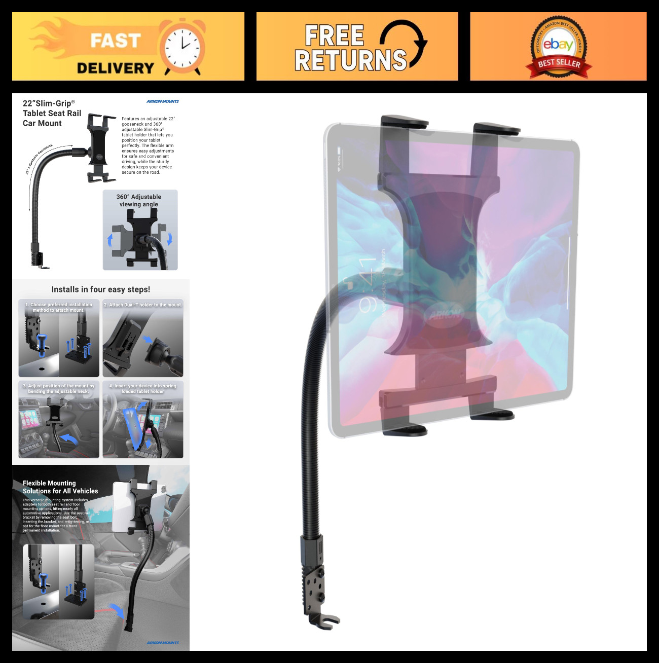 Car Tablet Mount with 22" Gooseneck Arm & Seat Rail Attachment - Aluminum Holder