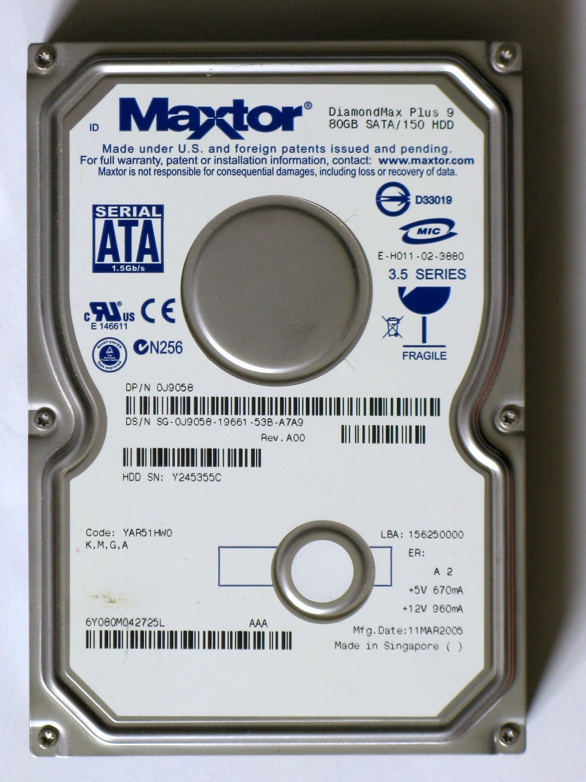 👀 80GB SATA HDD Maxtor DiamondMax M/N: 6L080M0, Dell P/N: 0J9058