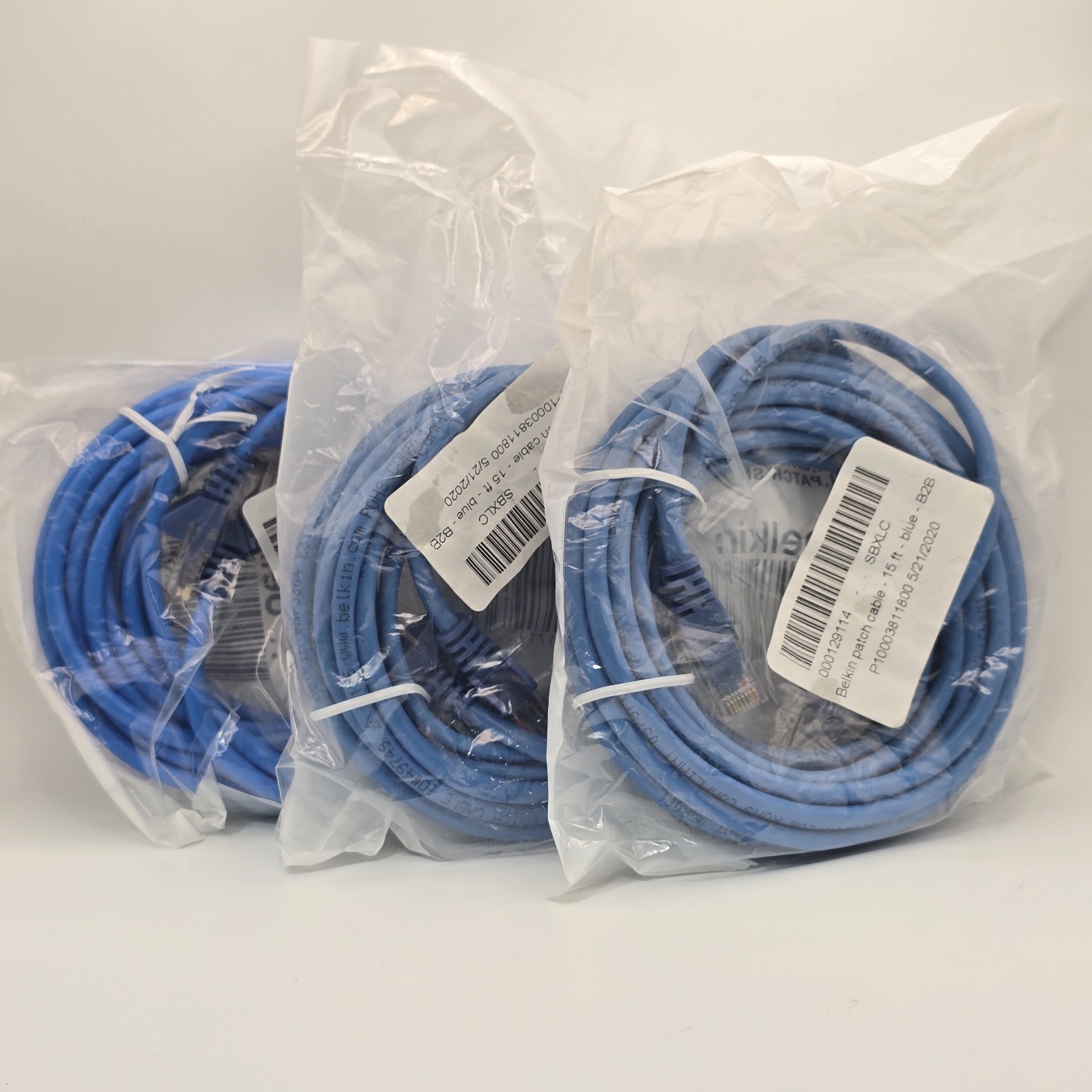Belkin 15ft Cat5e Blue Patch Cord Snagless, Lot Of 3