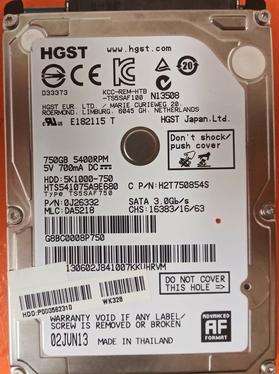 ⭐️⭐️⭐️⭐️⭐️ HDD Hard Drive SATA Laptop 2.5" HGST HTS541075A9E680 750GB J26332