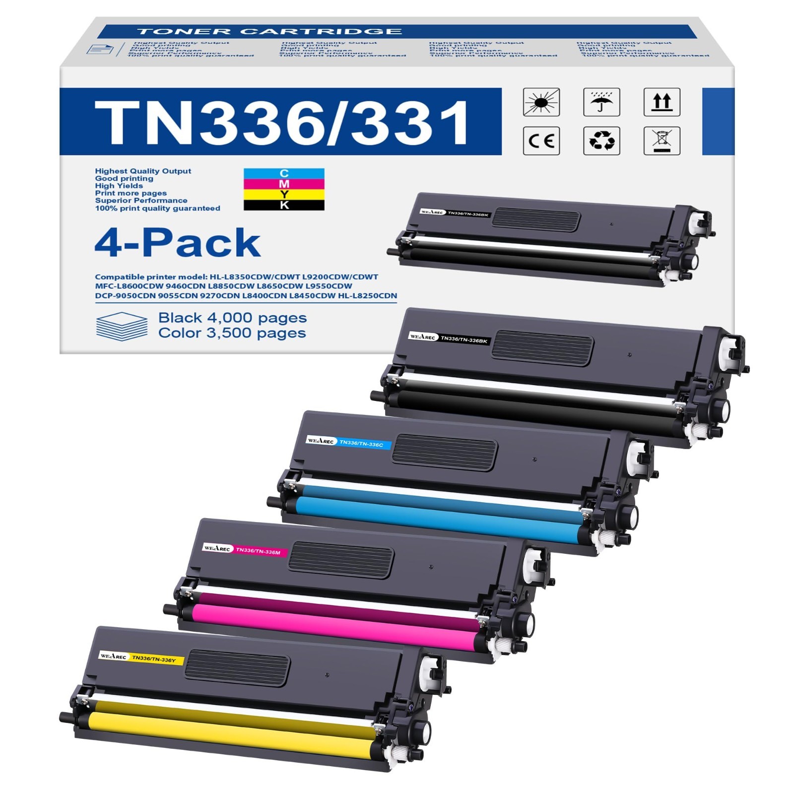 WEAREC TN336 TN331 High Yield Toner 4 Pack BK/C/M/Y Brother HL-L8350CDW L8850CDW