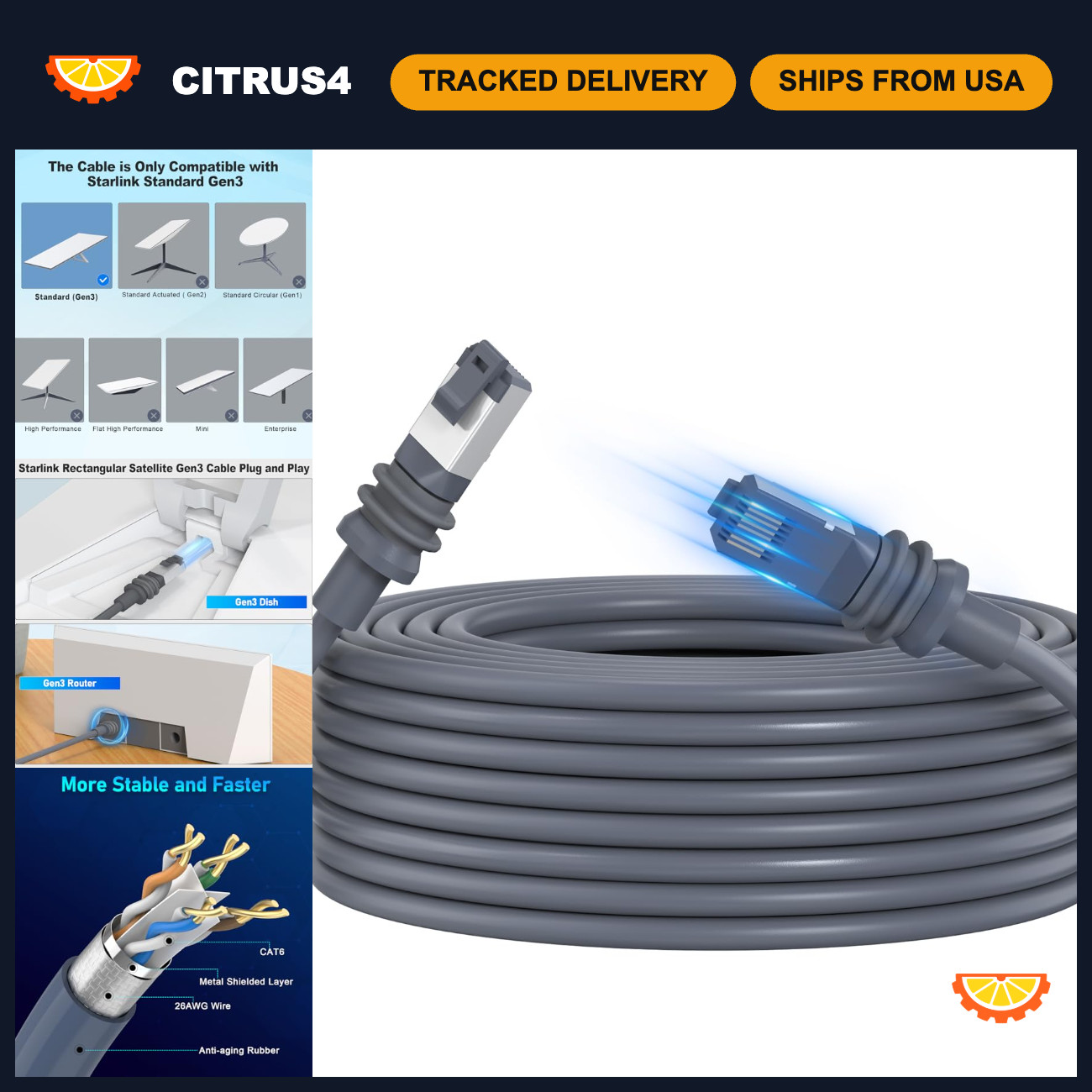 100FT High-Speed Waterproof Ethernet Cable for Starlink Gen 3/4/5 - 26AWG Extens