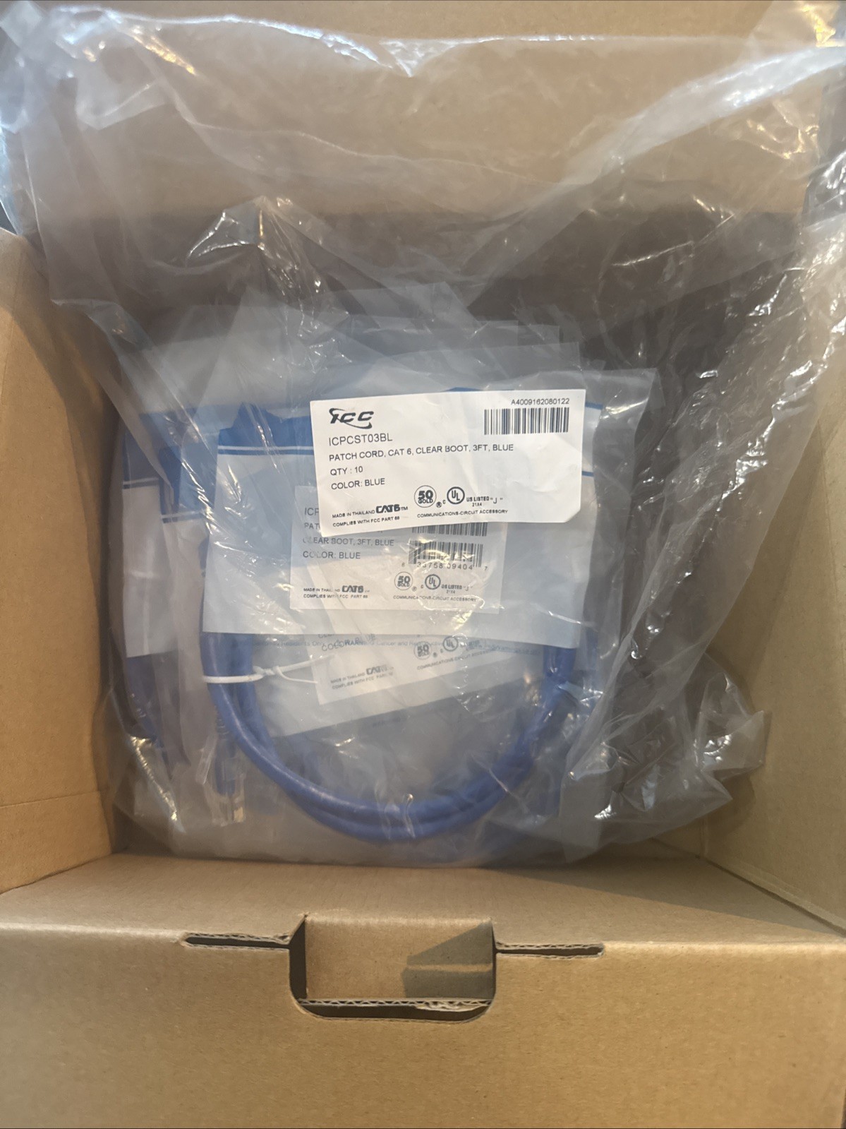 Lot of 20 ICC Cat6 Patch Cords 3ft Blue (ICPCST03BL) New Individual Wrap