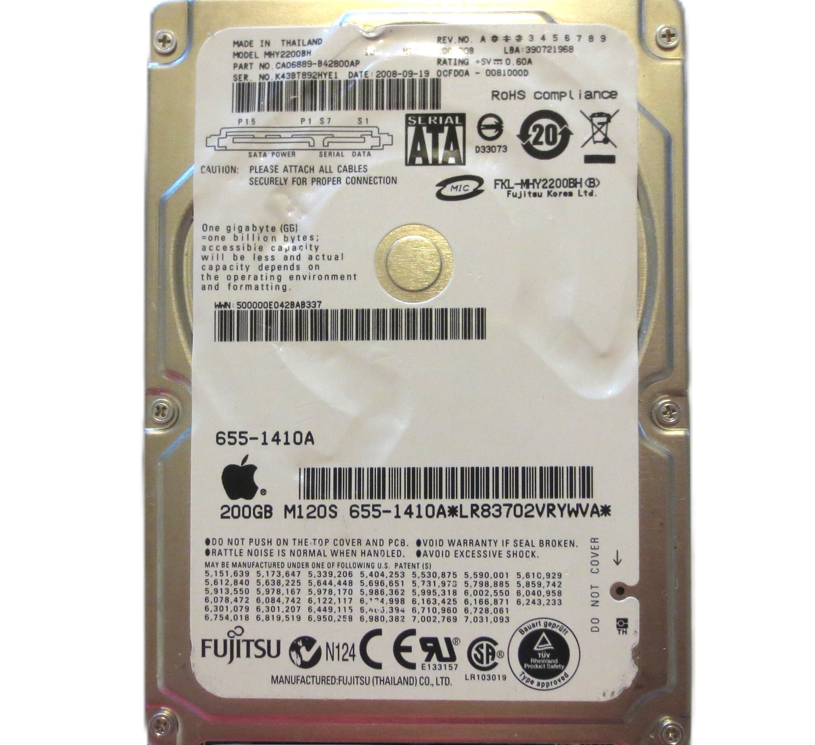 MHY2200BH CA06889-B42800AP 0CFD0A-0081000D (K43) Thailand 200gb Sata HDD 2008-09