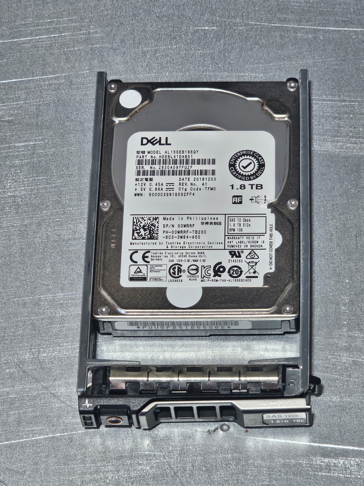 Dell 1.8TB 2.5" 12Gb/s 128MB 10K SAS HDD Dell P/N:00WRRF 100% Health