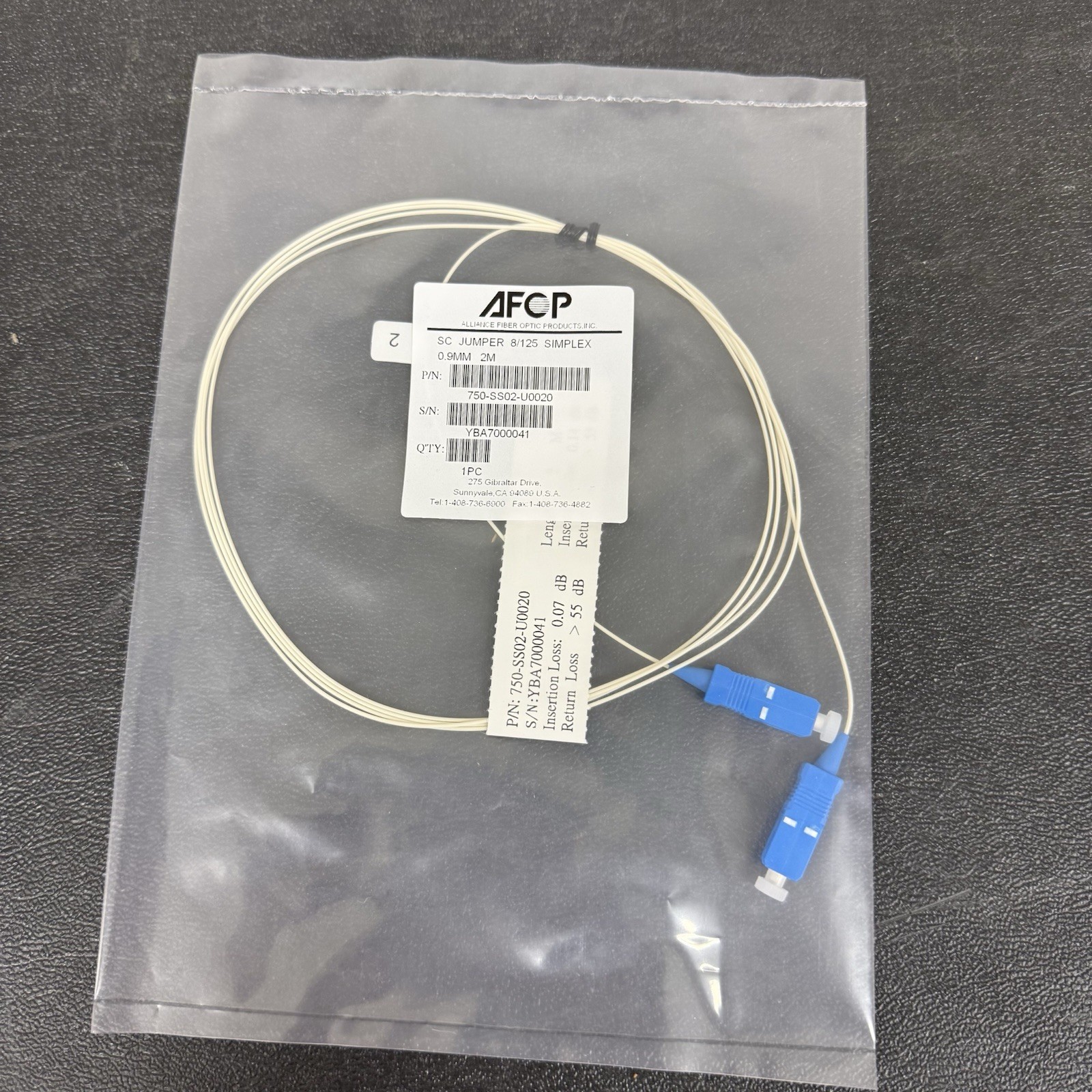 AFOP 750-SS02-U0020 SC UPC Fiber Jumper 8/125 Singlemode Simplex 2M Tested