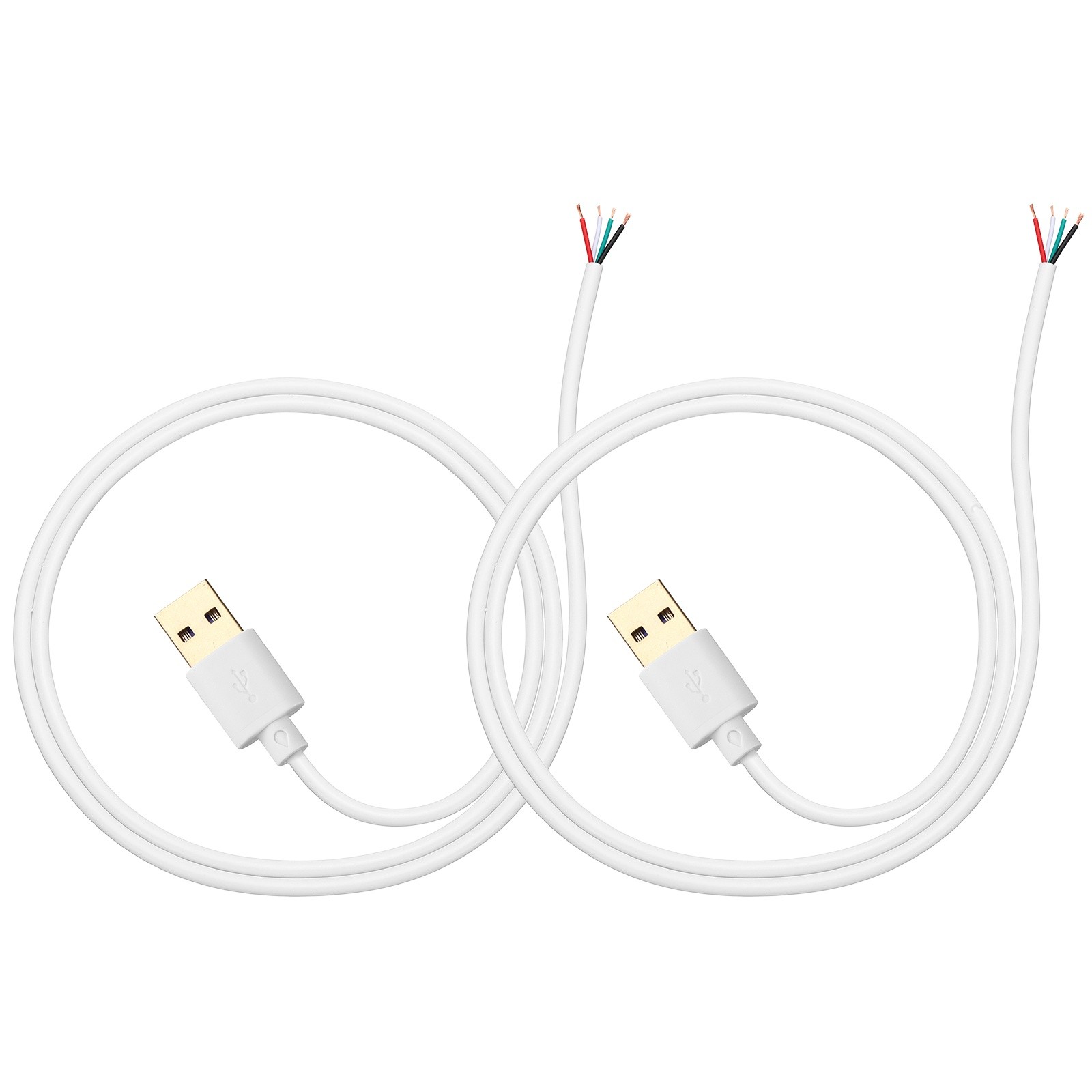 2Pcs 0.5m/1.64Ft USB Pigtail Cable, 5V 2.4A USB A to 4Pin Bare Wire, Gold White