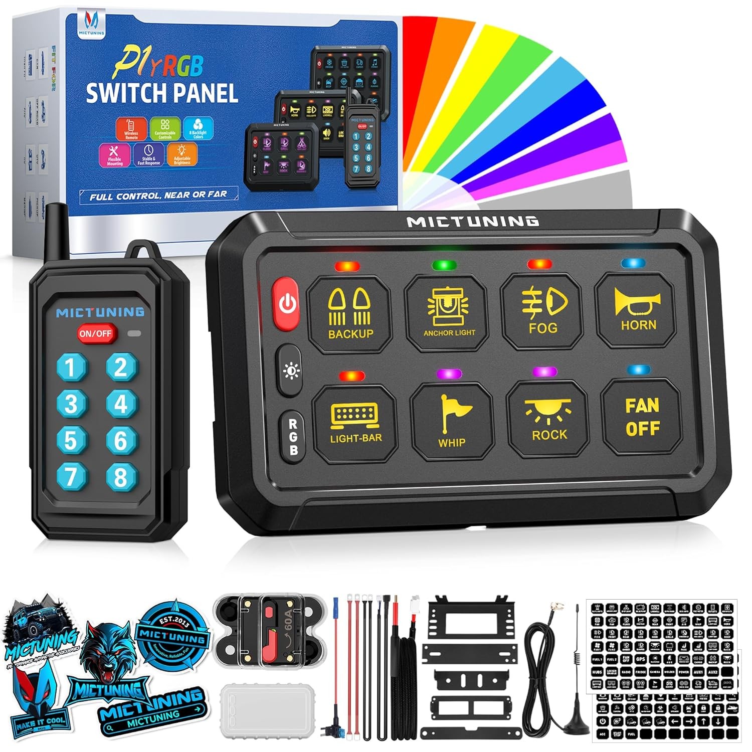 MICTUNING 8 Gang Switch Panel RGB Dual-Control RF Remote 230FT