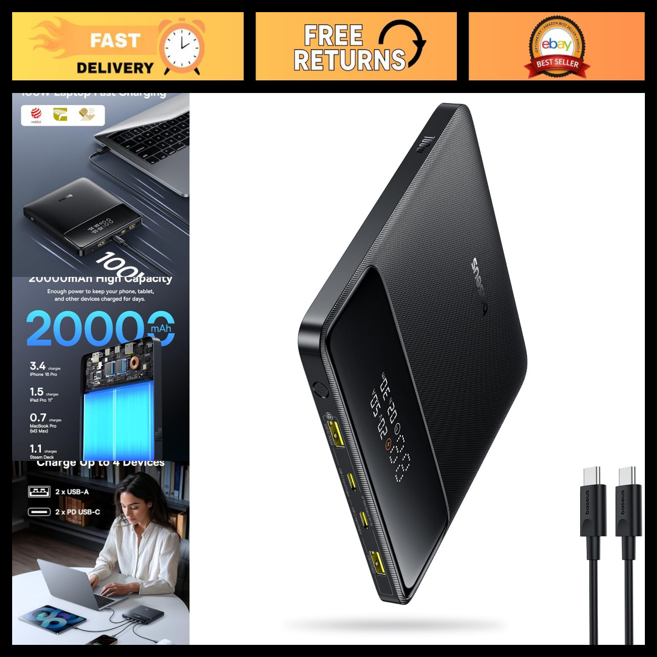 Portable 100W Power Bank 20000mAh Fast Charger, 2 USB-C & 2 USB-A Ports, Travel