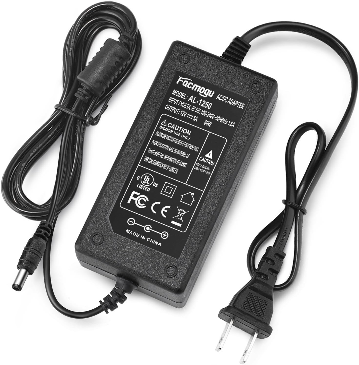 Facmogu 60W 12V 5A AC/DC Power Adapter, 100-240V AC to DC 