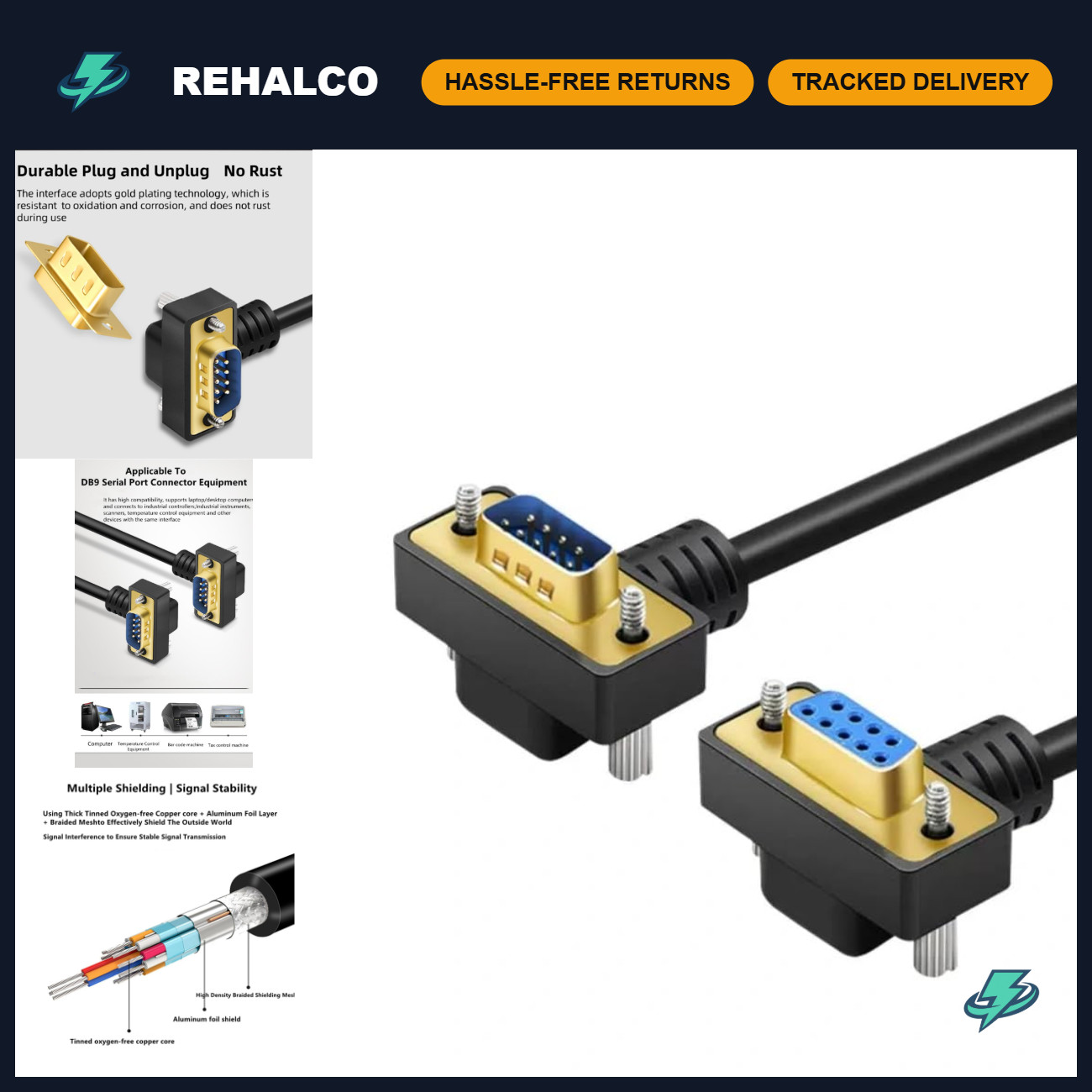 32.8ft RS232 Serial Extension Cable 9-Pin Male to Female Right Angle COM Port 10