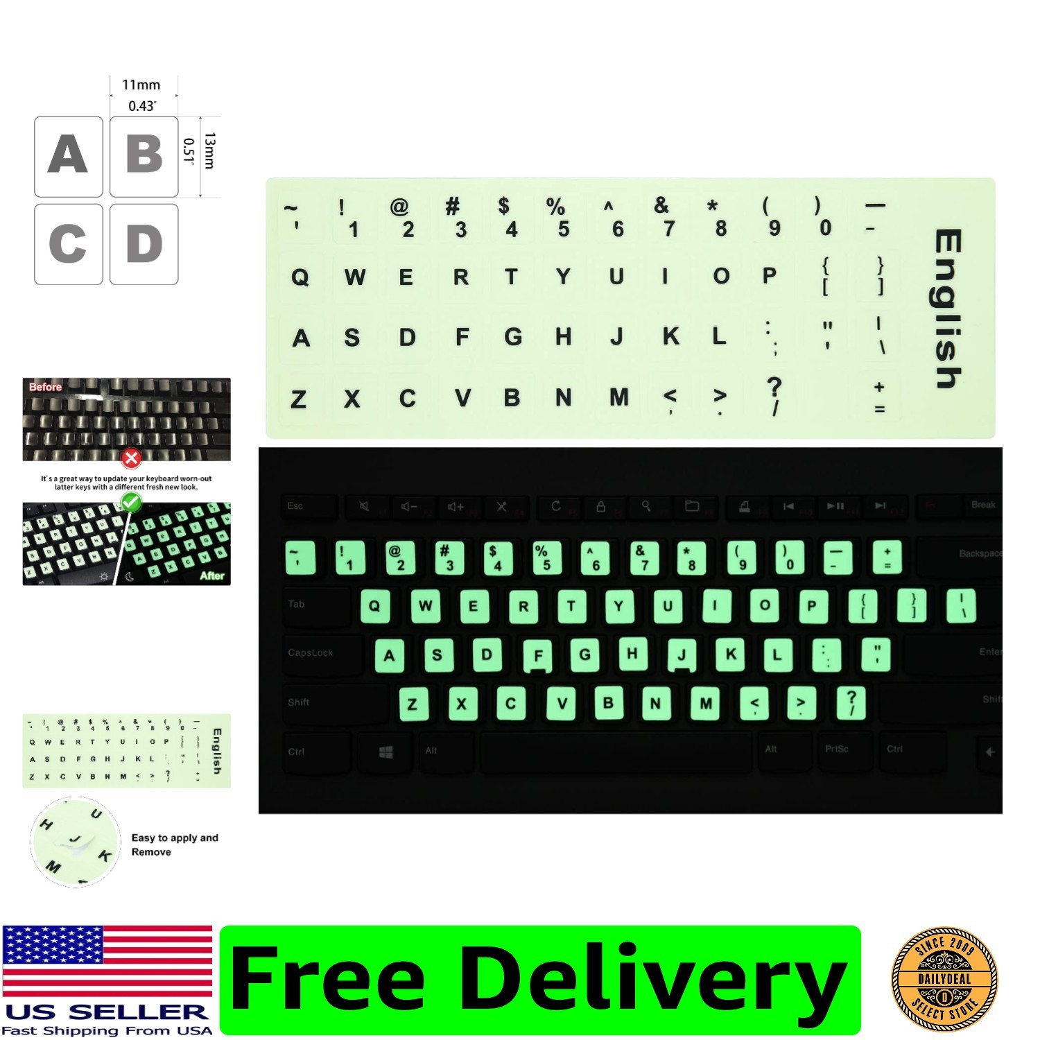 2PCS Pack Universal English Keyboard Stickers Glow in The Dark