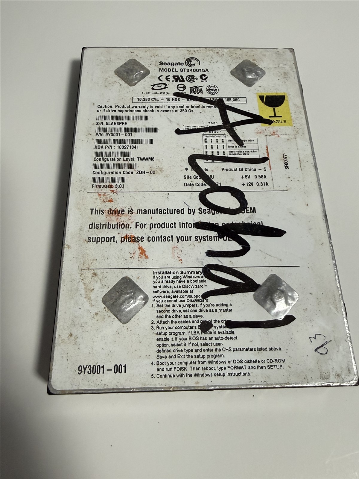 Seagate 9Y3001-630 ST340015A 40GB HDD P/N 100361223 777 93% Health