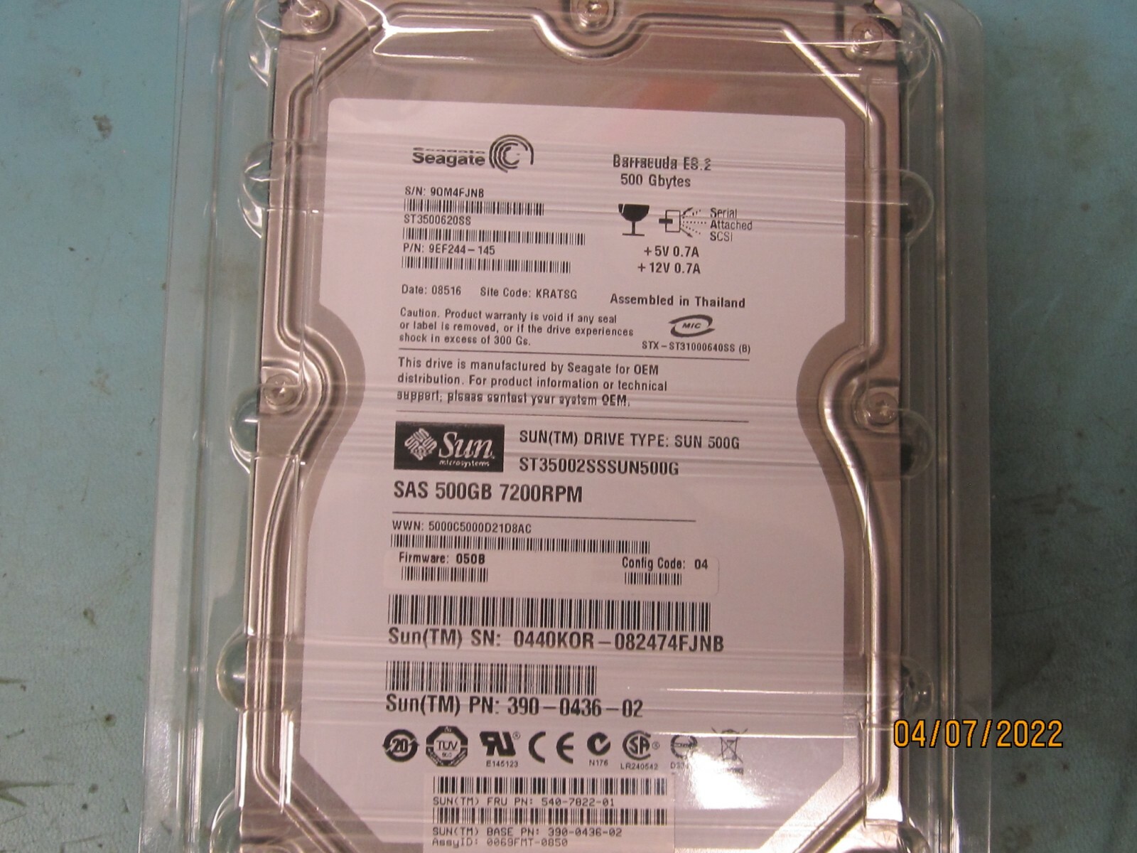 Sun PN 390-0436 Seagate Barracuda ES.2 ST3500620SS 500GB 7200 RPM SAS 3Gb/s 