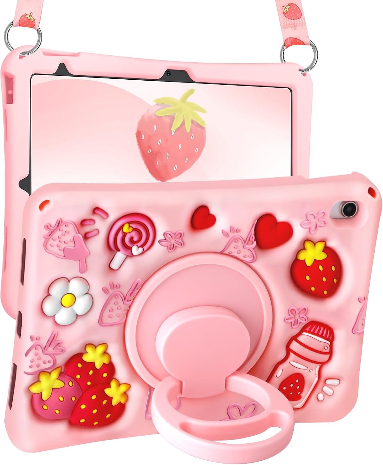 Case for iPad 10th Generation - Cute Strawberry Soft Silicone with Rotating Stan