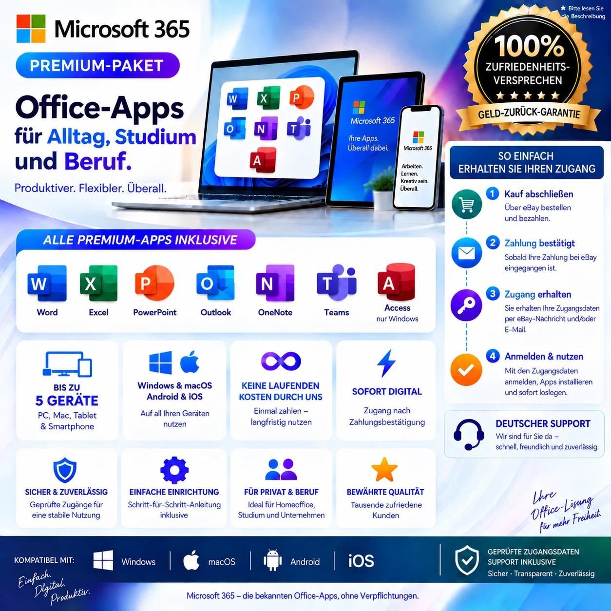 Microsoft Office 365 Pro Plus | Long Term | 5 Devices | Win Mac Android iOS