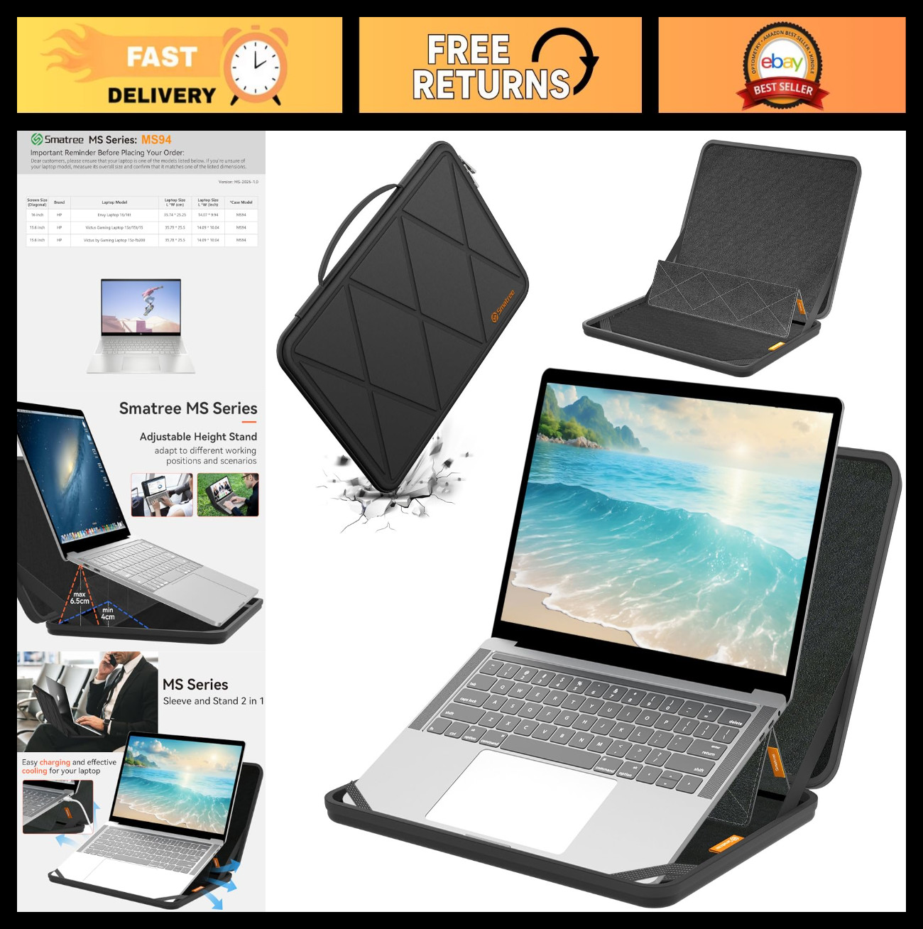 EVA Hard Protective Sleeve with Stand for 15.6" HP Gaming Laptop & 16" Envy - Wa
