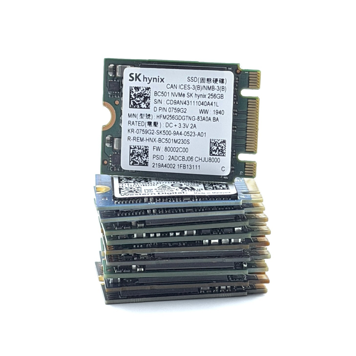 Lot of 10: M.2 NVMe SSD 2230 TWO Notches B + M KEY 256GB 20%-80% health