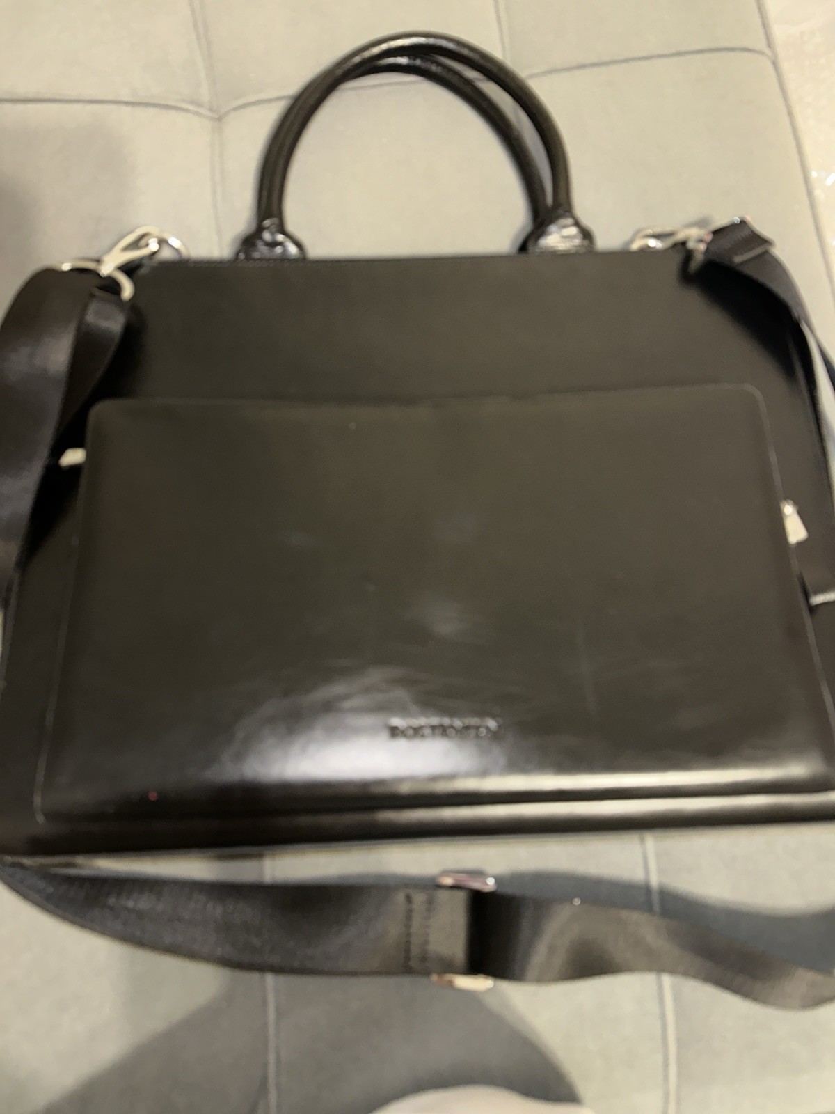Bostanten Black Leather Briefcase for 15" Laptop, Adjustable Strap, Partitions