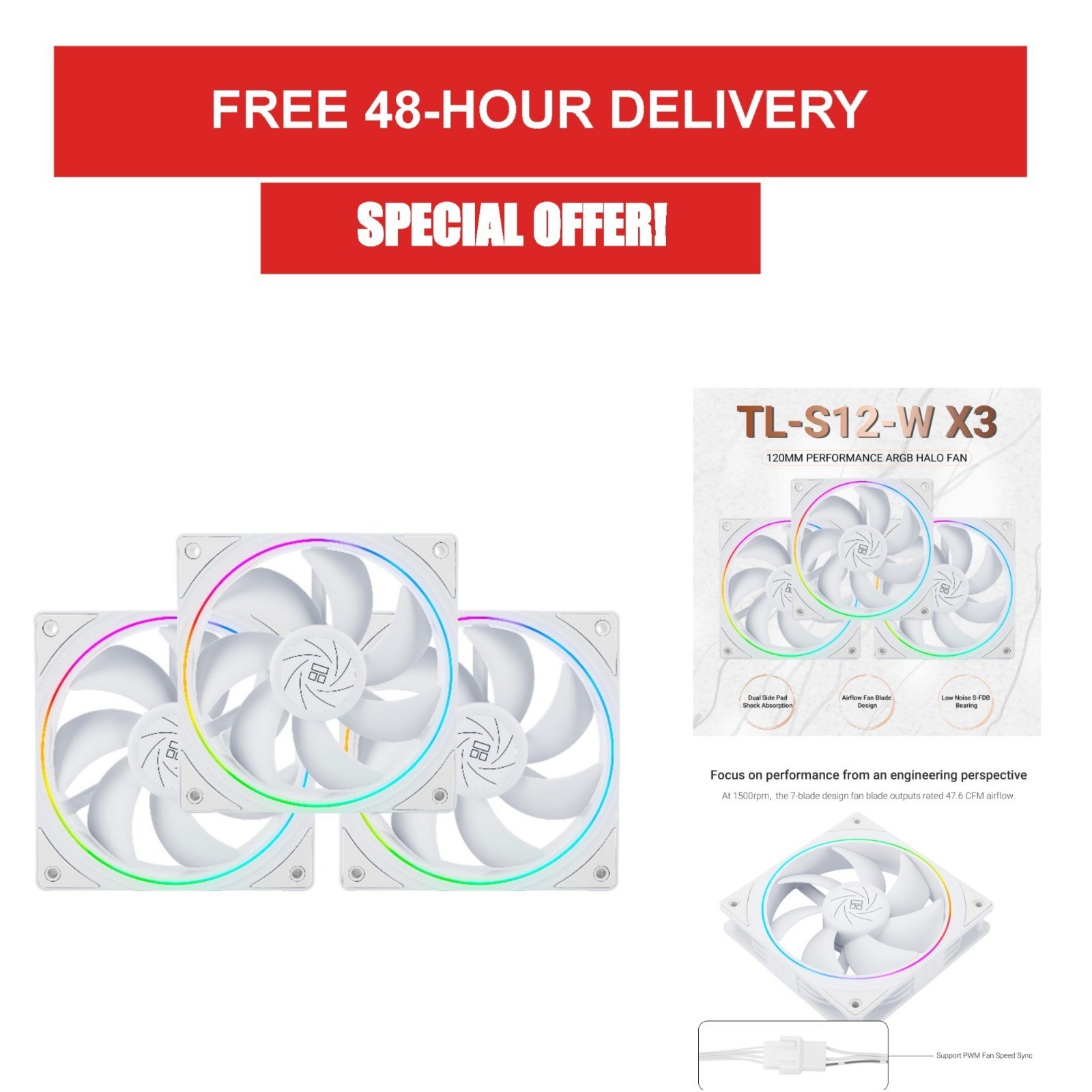 Thermalright TL-S12W X3 120mm ARGB PWM Case Fan 1500RPM White 3-Pack