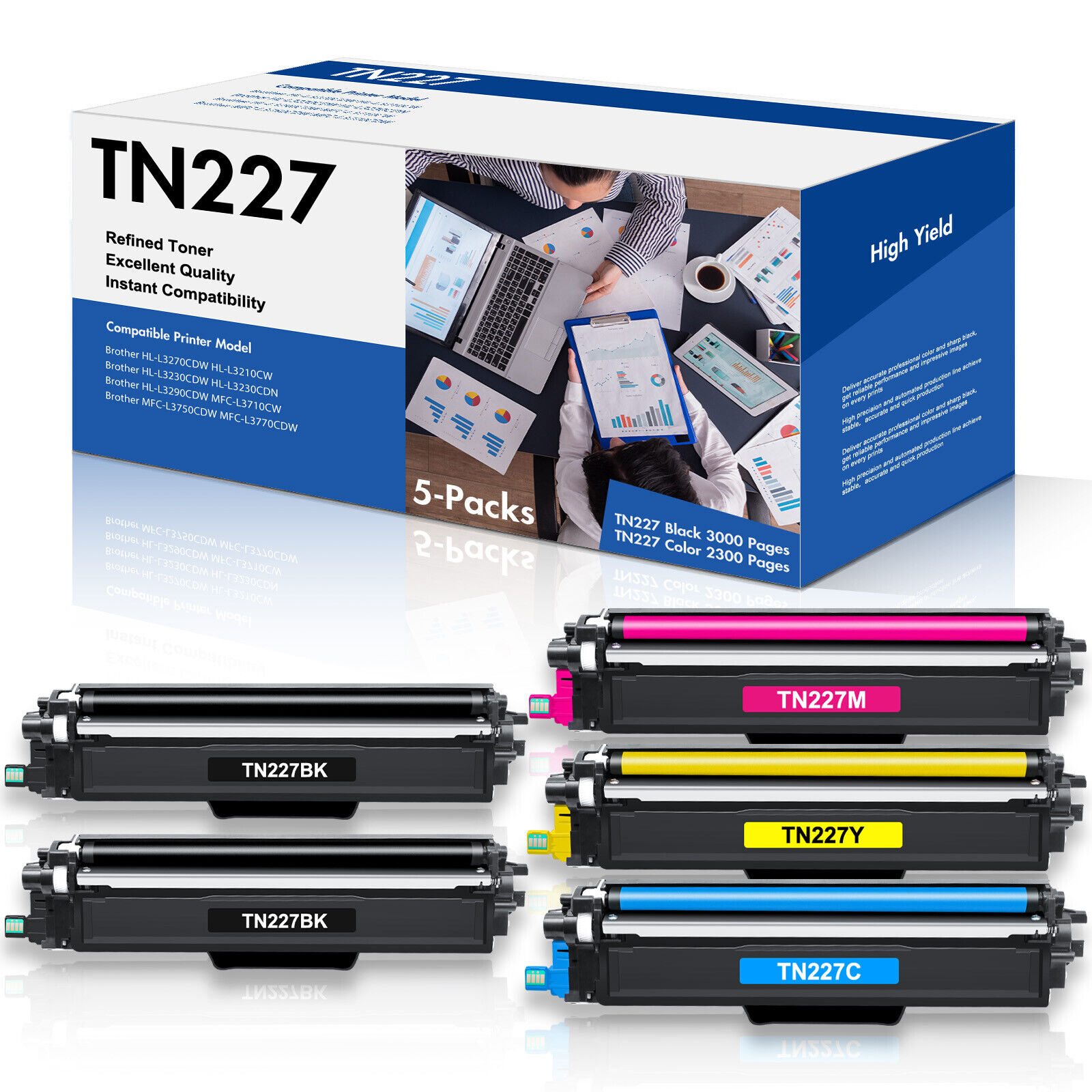 5X TN227 Toner Cartridge Compatible for Brother TN223 HL-L3230CDW MFC-L3770CDW