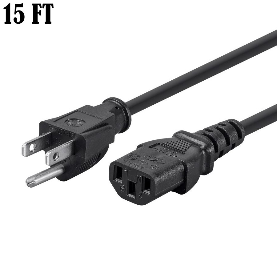 15FT 3-Prong Power Cord Cable US AC NEMA 5-15P to IEC320 C13 PC Computer 14AWG
