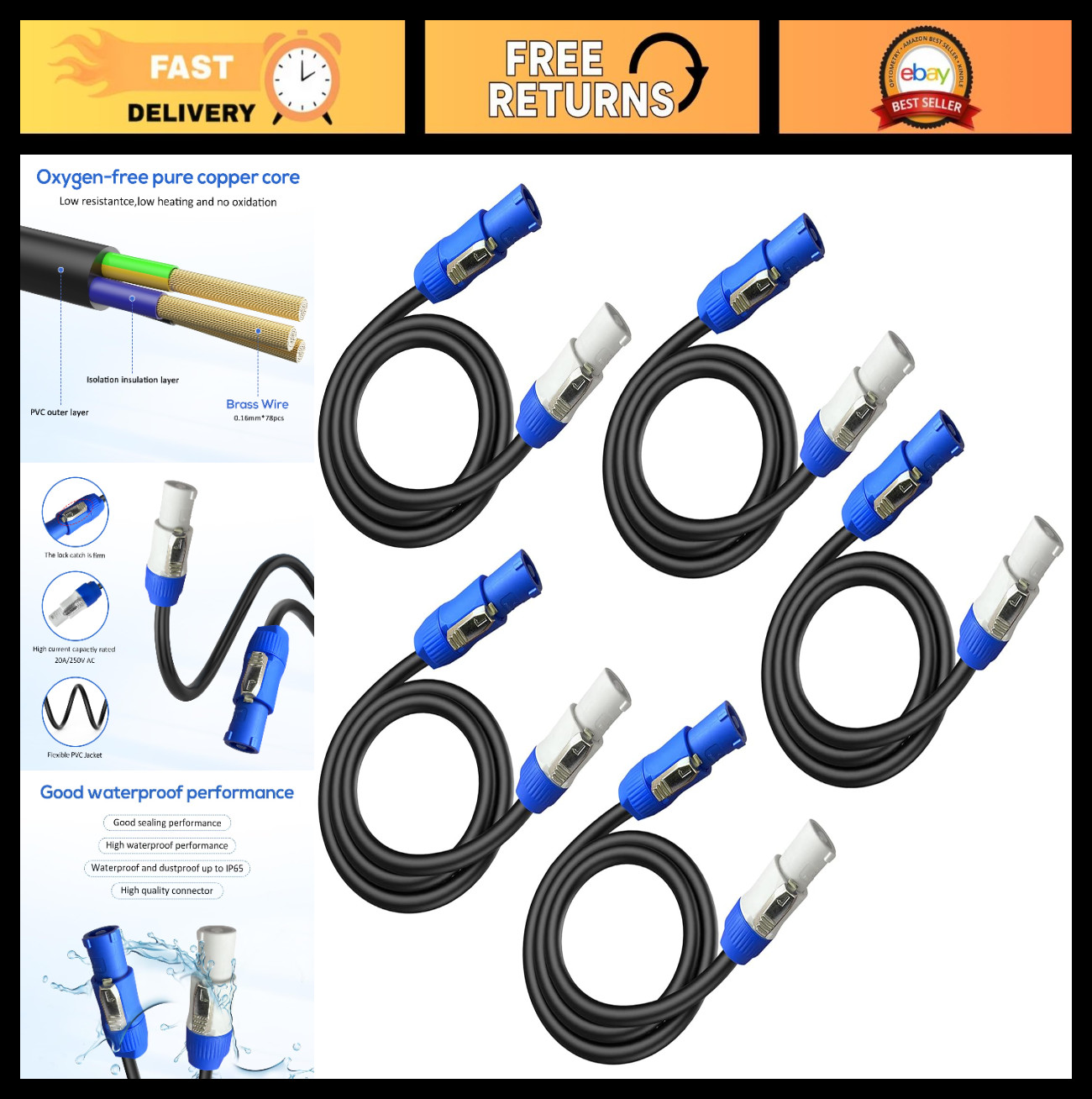 5-Pack 12AWG Power Extension Cable - 3FT PowerCon Cables for Audio/Lighting