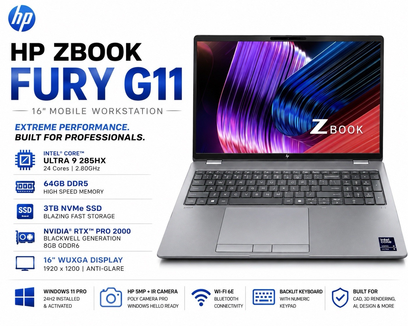 HP ZBook Fury G1i 16" Ultra 9 285HX 64GB RAM 3TB SSD RTX Pro 2000 Warranty Win11