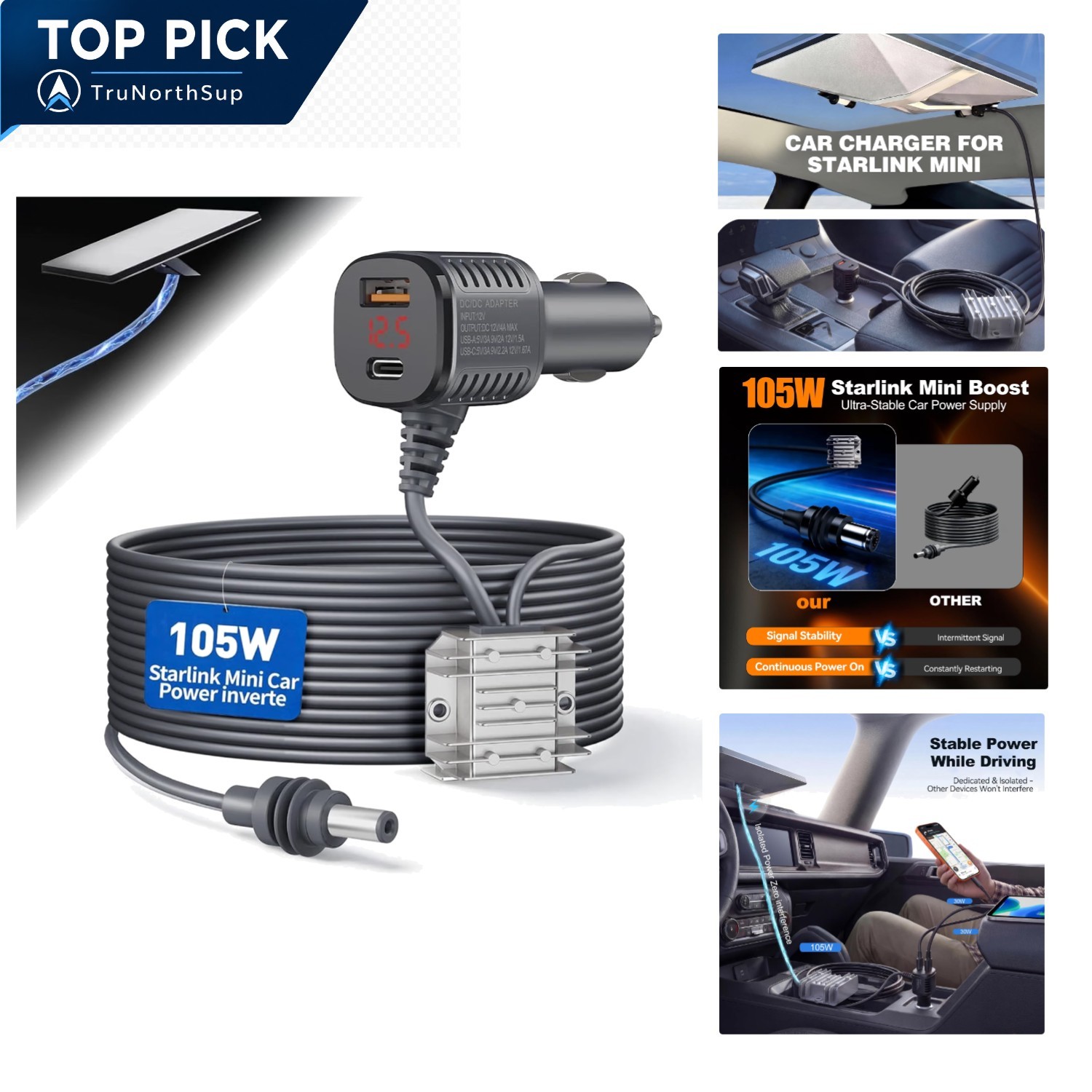 Starlink Mini 105W Car Adapter with Digital Display 16.4FT DC Power Cable for...