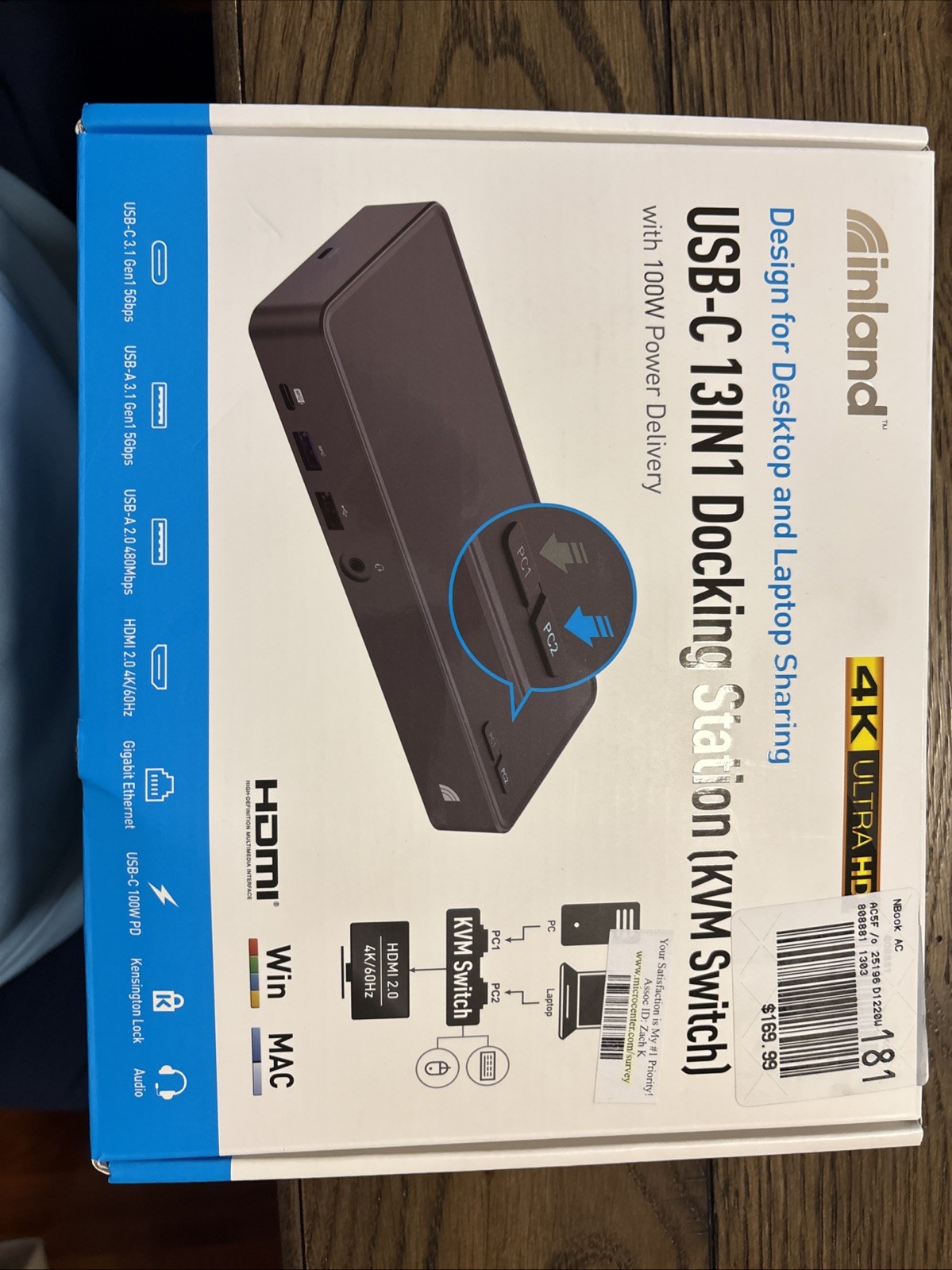 Inland KVM Switch Microcenter USB-C 13in1 Docking Station 4k Ultra HD