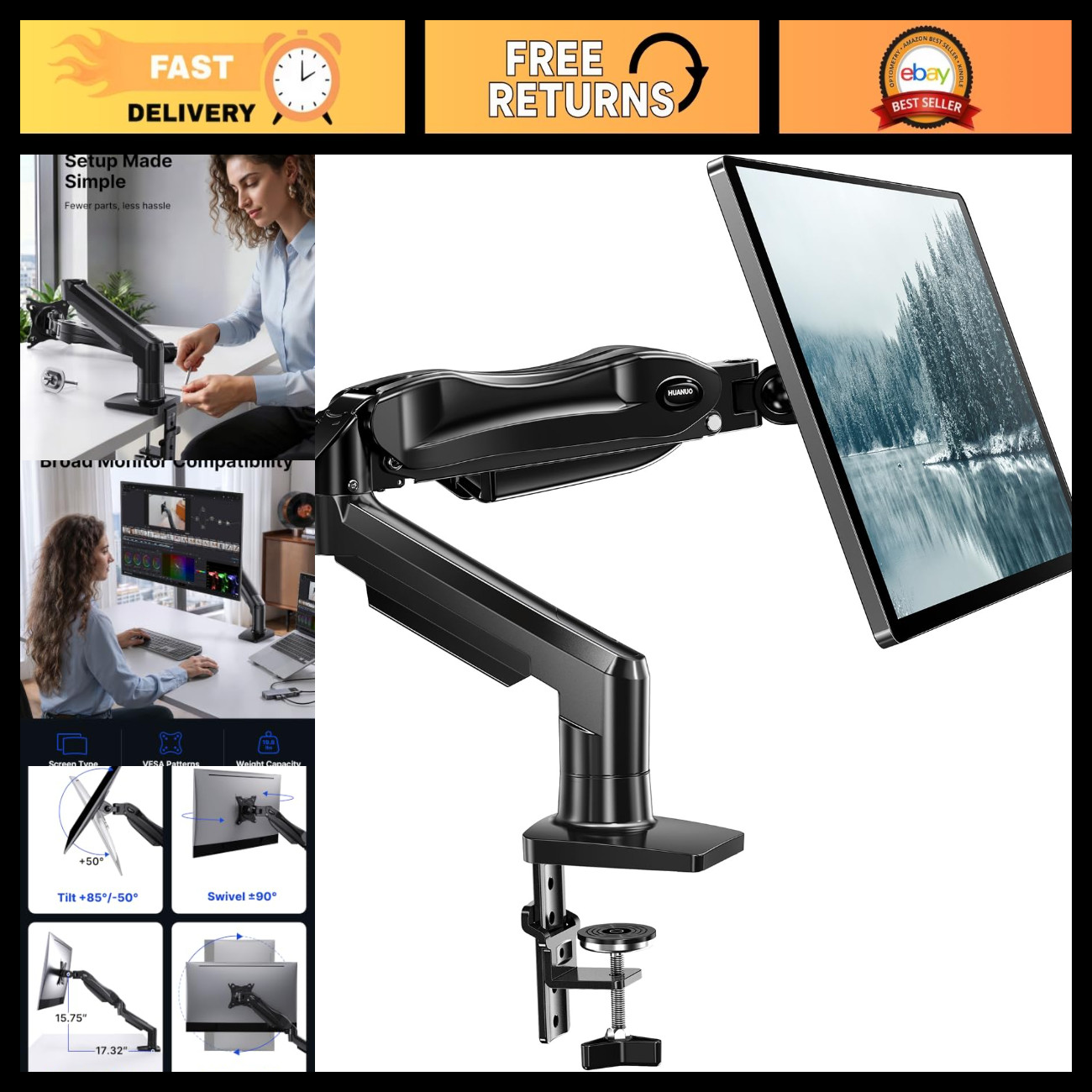 Adjustable Single Monitor Mount Arm for 13-32" LCD Screens, VESA Clamp & Grommet